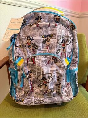 Wonder Woman Comic Print Backpack in White, Blue, Red